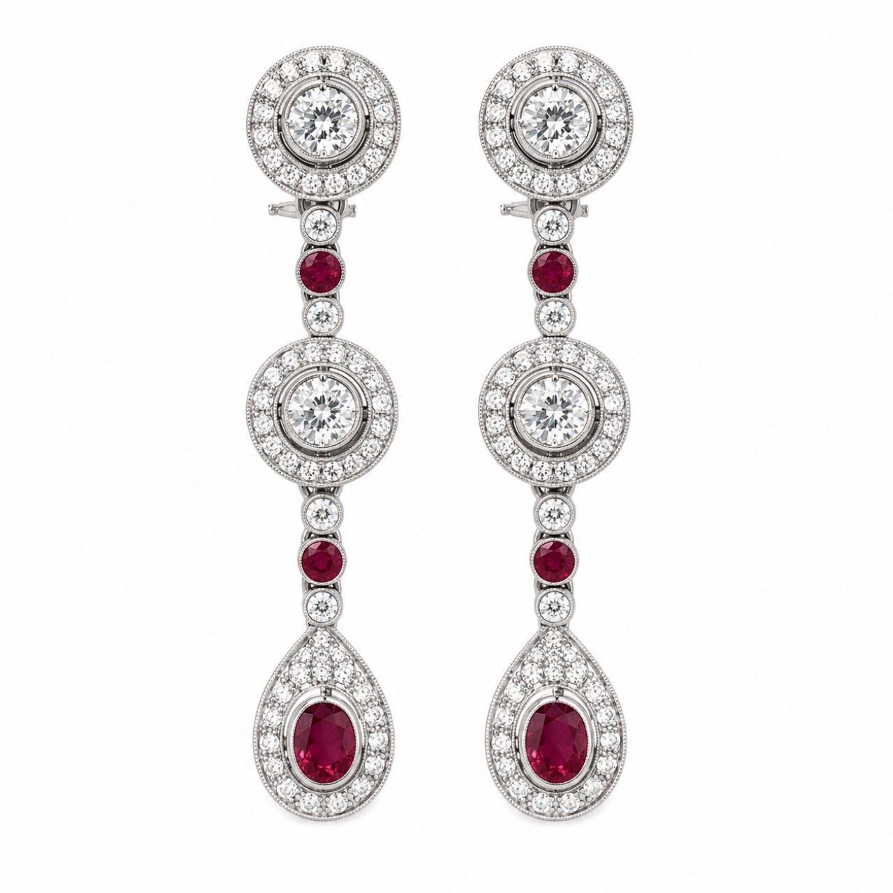 Platinum Deco-style Burma Ruby & Diamond Earrings
