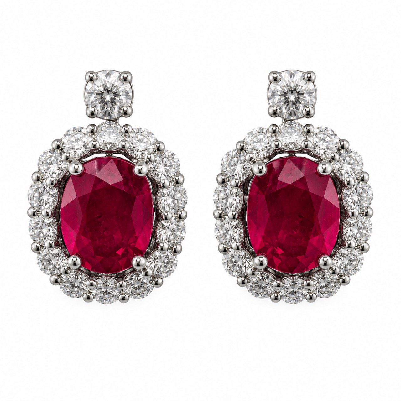 18K White Gold GIA Certified Synthetic Ruby & Diamond Earrings
