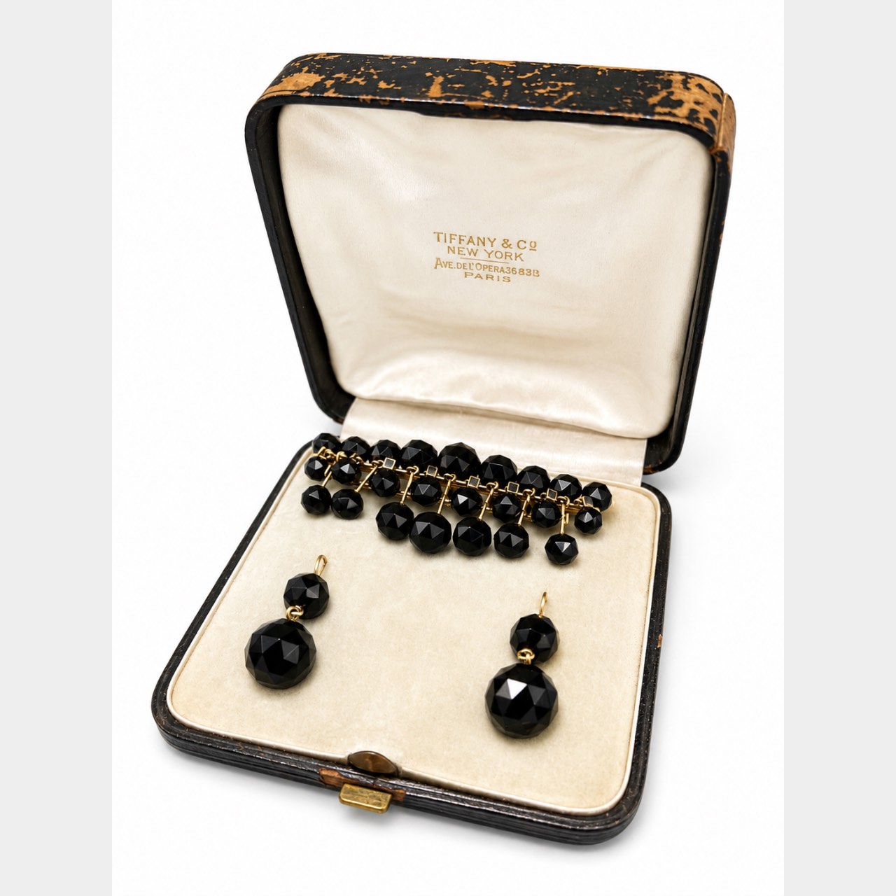 TIFFANY & CO. 14K Yellow Gold Black Onyx Brooch & Earring Set