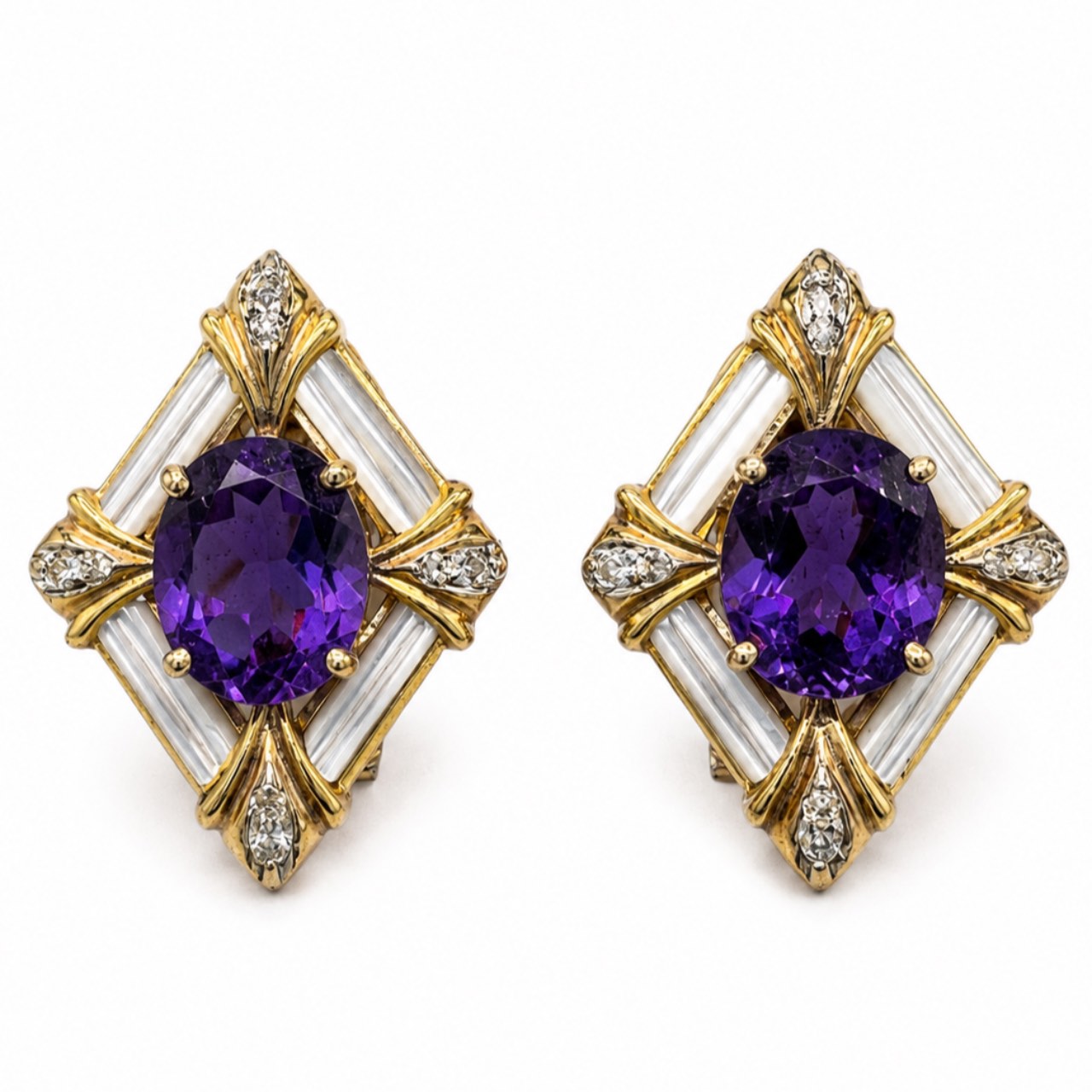 14K Yellow Gold Amethyst & Diamond Earrings