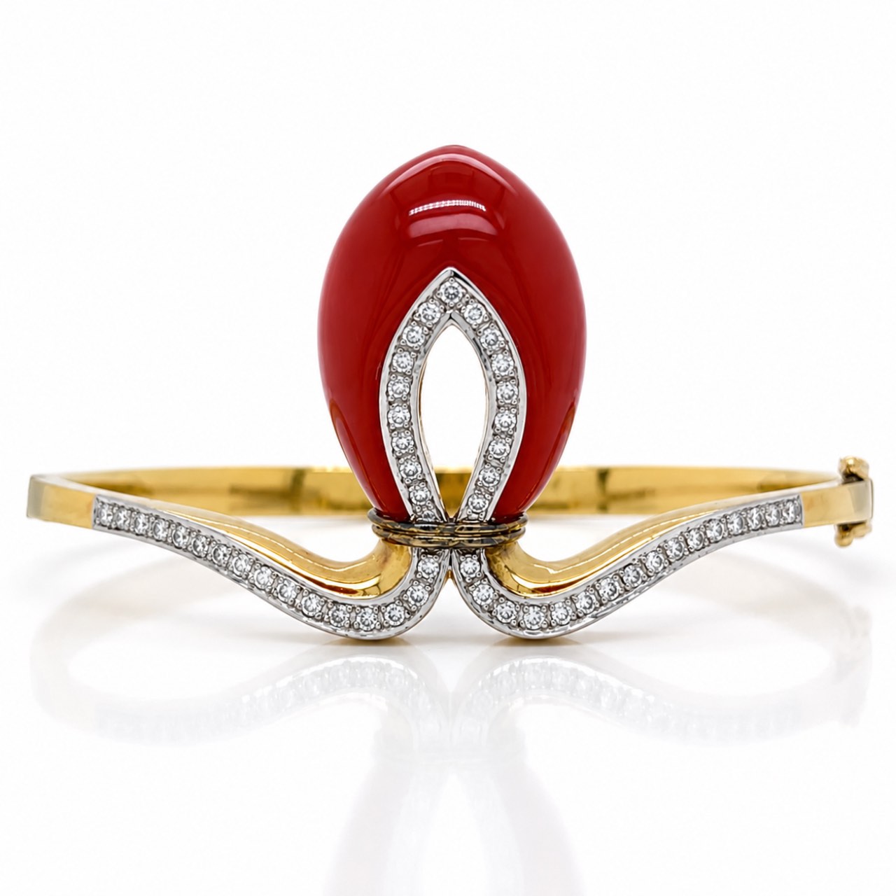 1970’s 14K Yellow Gold Coral & Diamond Bangle 1970’s 14K Yellow Gold Coral & Diamond Bangle