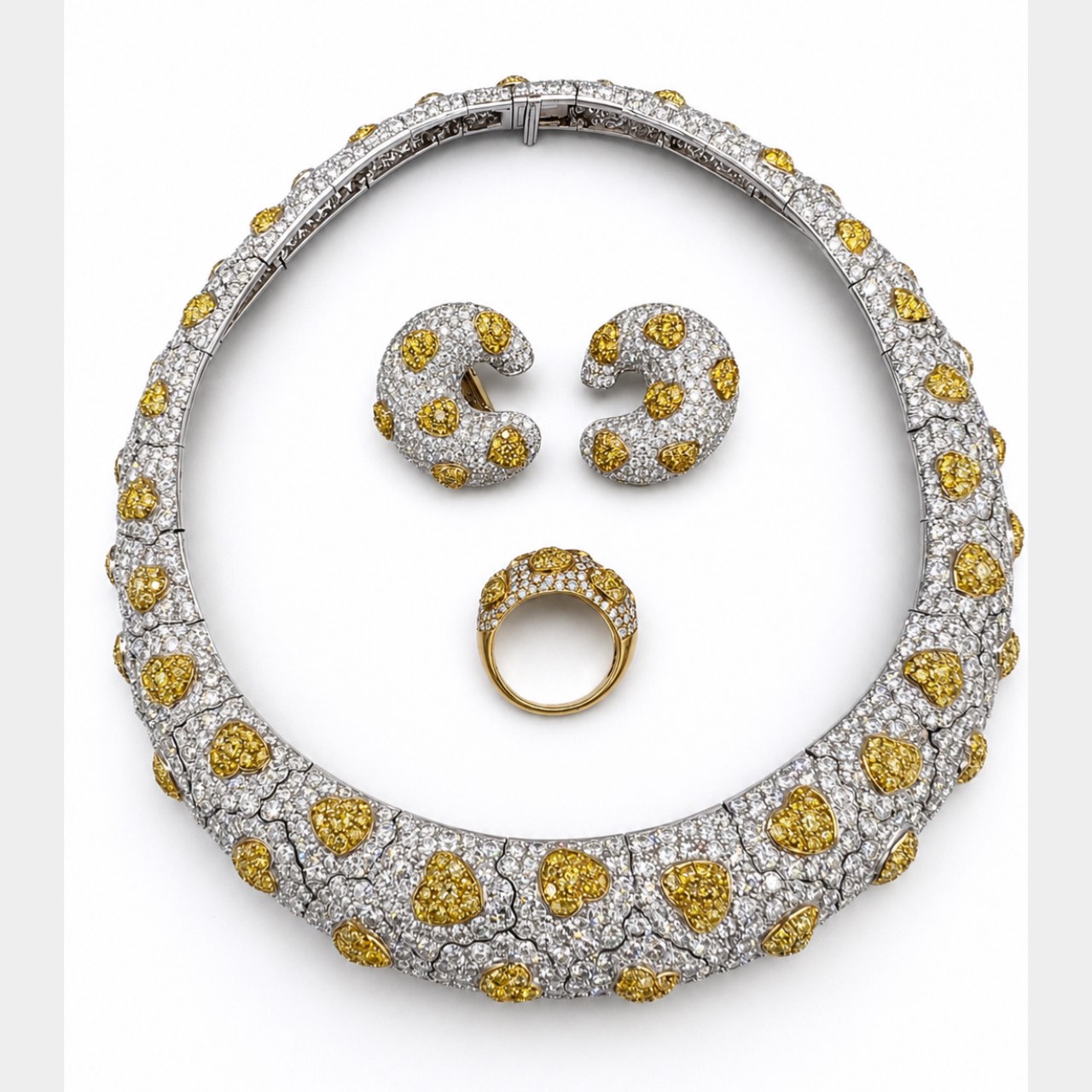 French 18K Yellow & White Gold GIA Certified Fancy Yellow Diamond Necklace, Ring, and Earring Set French 18K Yellow & White Gold GIA Certified Fancy Yellow Diamond Necklace, Ring, and Earring Set