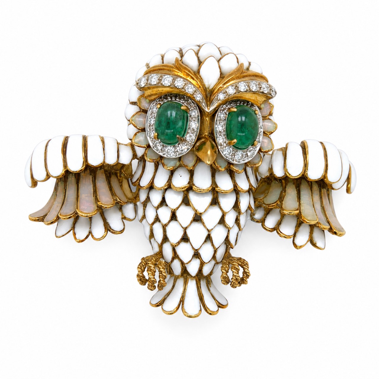 1970’s 18K Yellow Gold Emerald & Diamond Owl Brooch