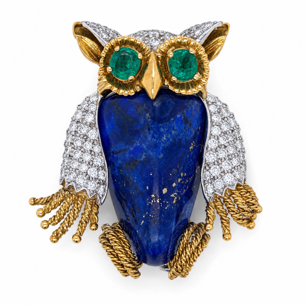 1960’s 18K Yellow Gold Lapis Lazuli, Emerald, and Diamond Owl Brooch