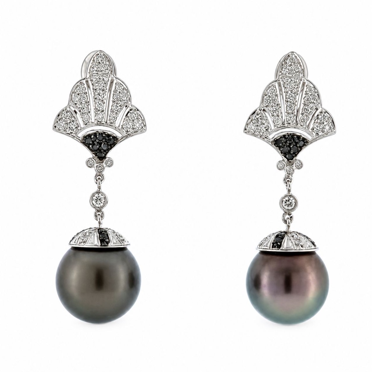 18K White Gold South Sea Tahitian Pearl & Diamond Drop Earrings