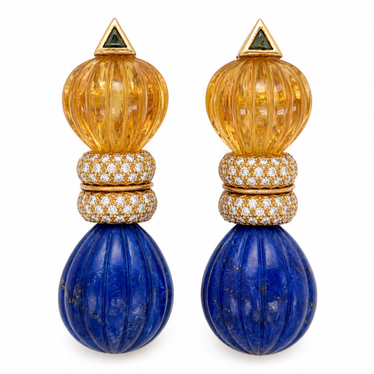 18K Yellow Gold Lapis Lazuli, Topaz, and Diamond Earrings